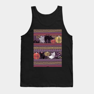 Embroidery Halloween // black cats orange and green pumpkins white ghosts and purple stitches on purple beet background Tank Top